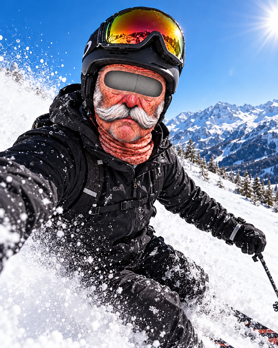Skifahrer mit PISTENOPA Sturmhaube