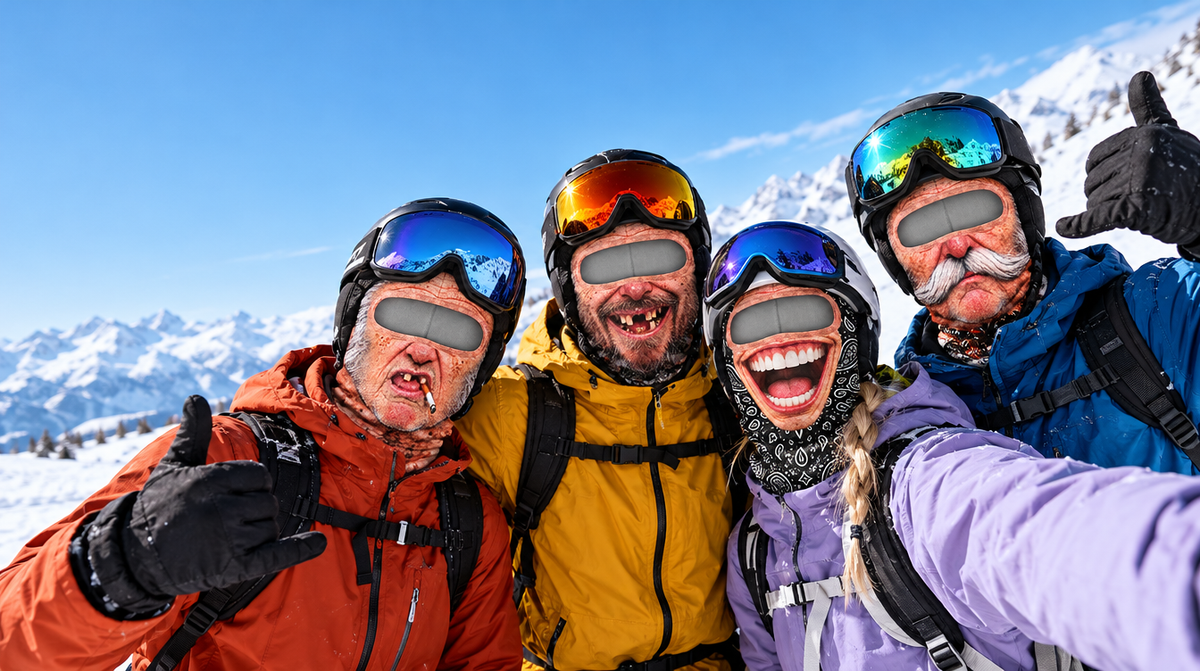 Freunde mit PISTENOPA Sturmhauben auf der Piste